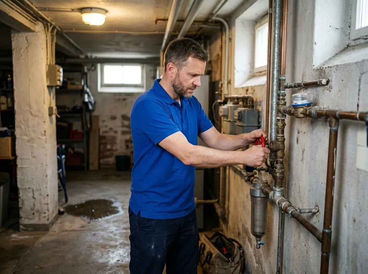 Sanitär-Techniker dreht im Keller das Hauptabsperrventil neben dem Wasserzähler zu
