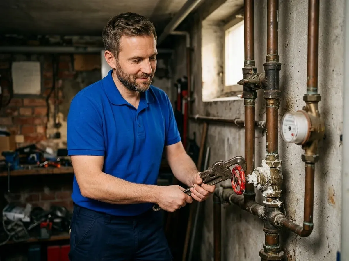 Sanitär-Techniker versucht im Keller ein verkalktes Absperrventil mit roter Handrad-Kappe zu lösen