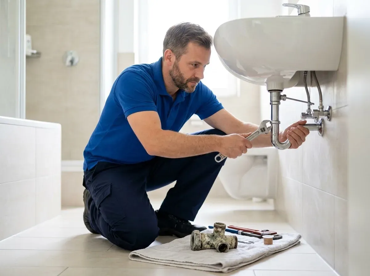 Sanitär-Techniker tauscht unter dem Waschtisch ein verkalktes Eckventil gegen ein neues aus