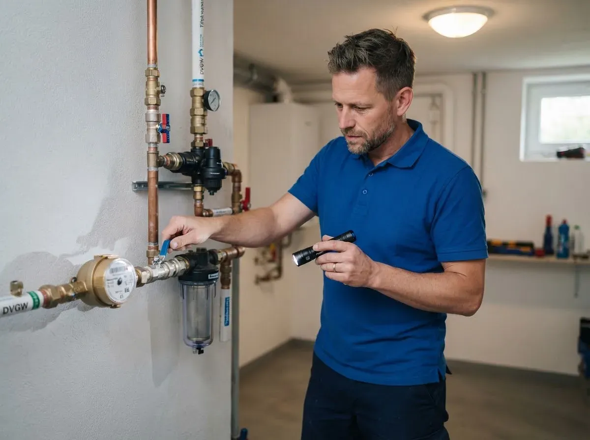 Sanitär-Techniker kontrolliert im Keller den Hauswasseranschluss mit Wasserzähler und Hauptabsperrung
