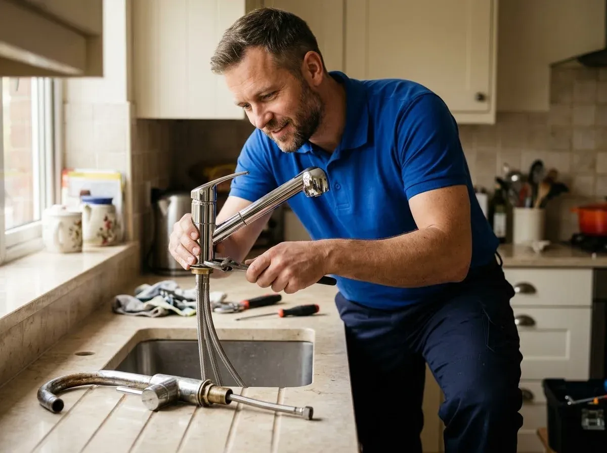 Sanitär-Techniker montiert eine neue Mischbatterie an der Wand über der Badewanne