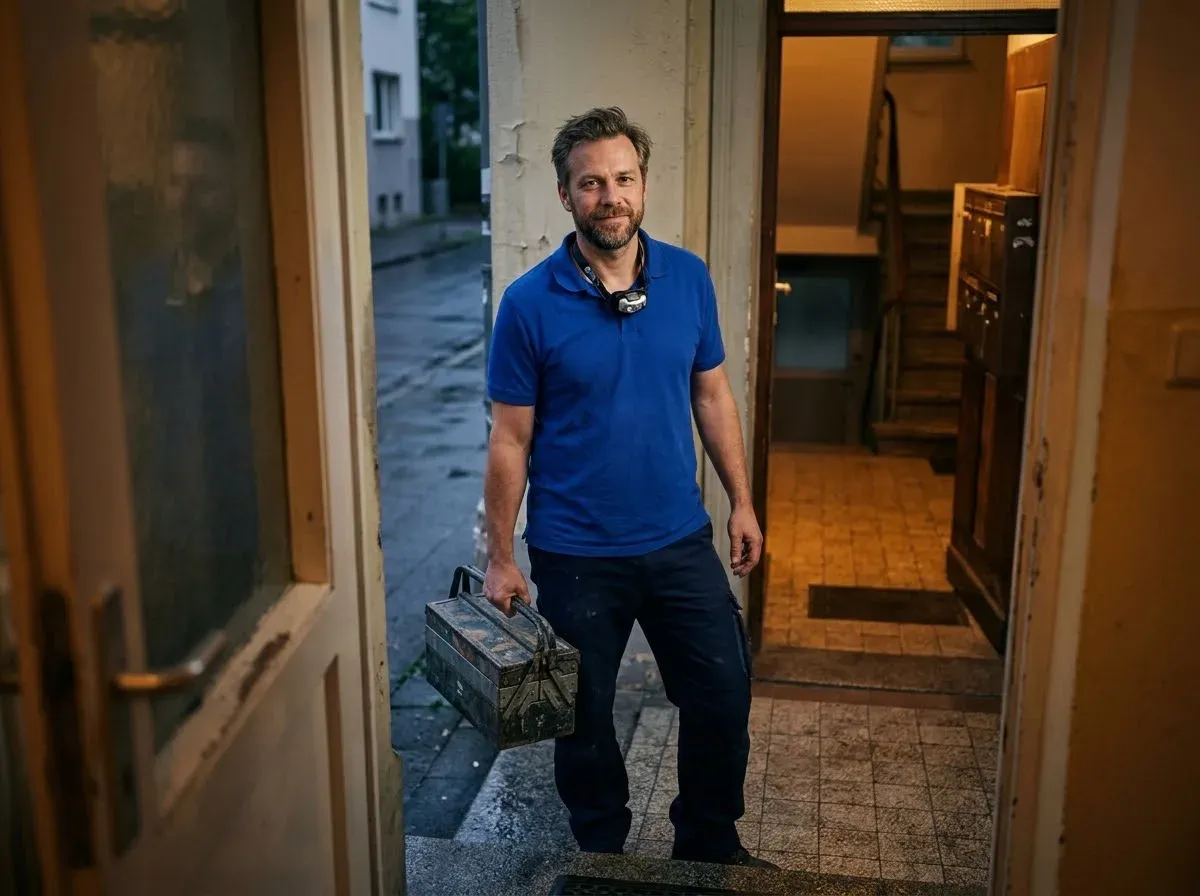 Sanitär-Techniker mit Werkzeugkiste kommt am Abend durch die Haustür eines Mehrfamilienhauses