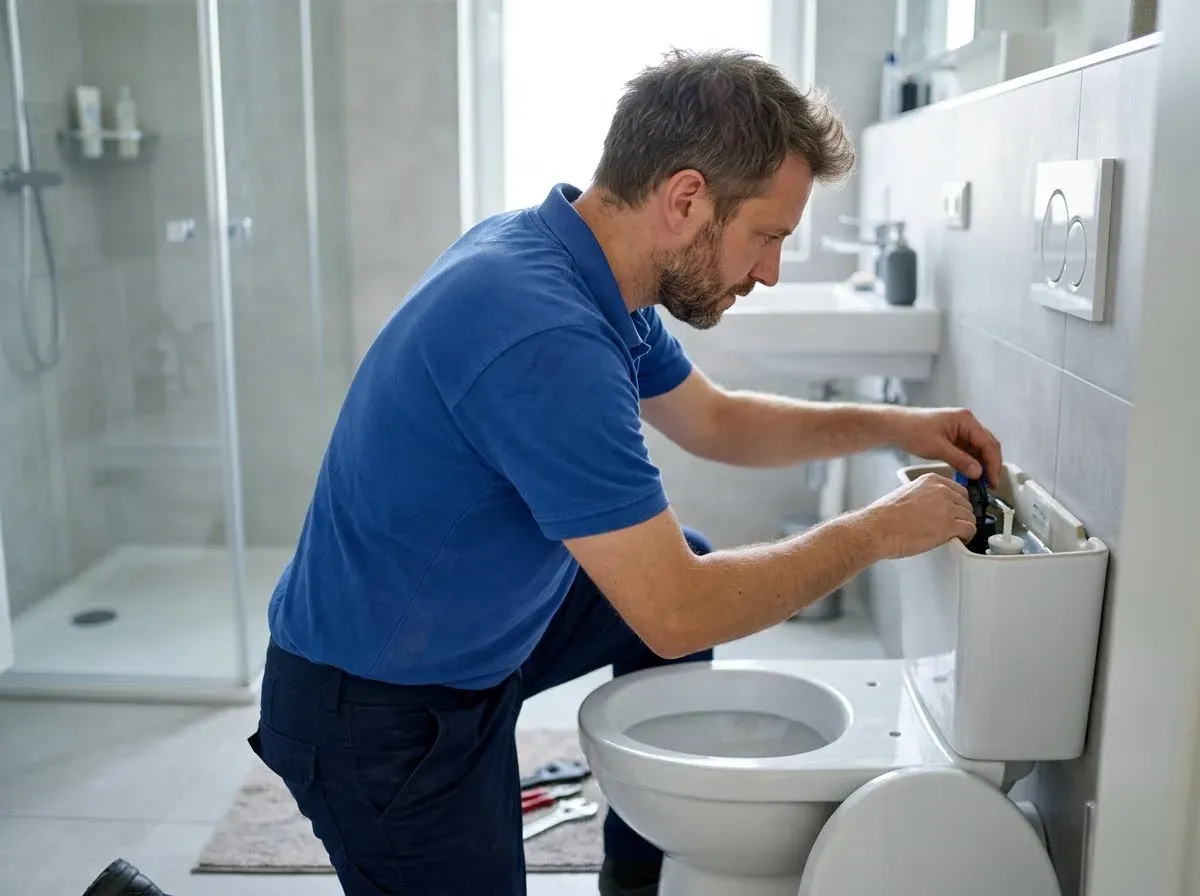 Sanitär-Techniker stellt im Bad die Füllmechanik eines nachlaufenden Spülkastens neu ein