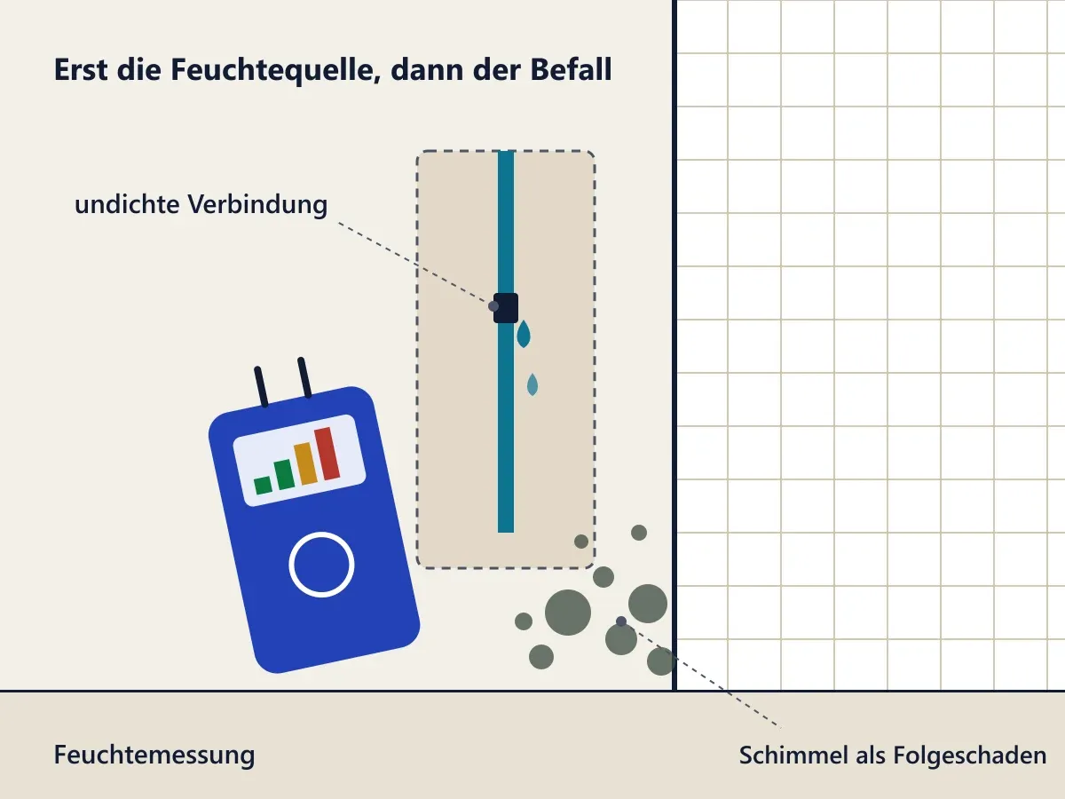Schemazeichnung: undichte Leitung in der Wand, Schimmel in der Wandecke und Feuchtemessgerät