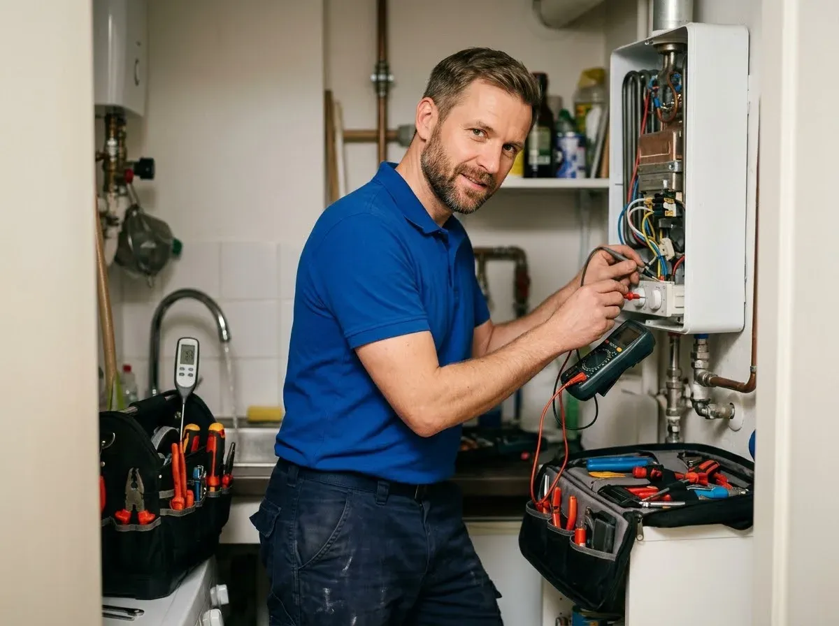 Sanitär-Techniker misst an einem geöffneten Durchlauferhitzer mit einem Multimeter