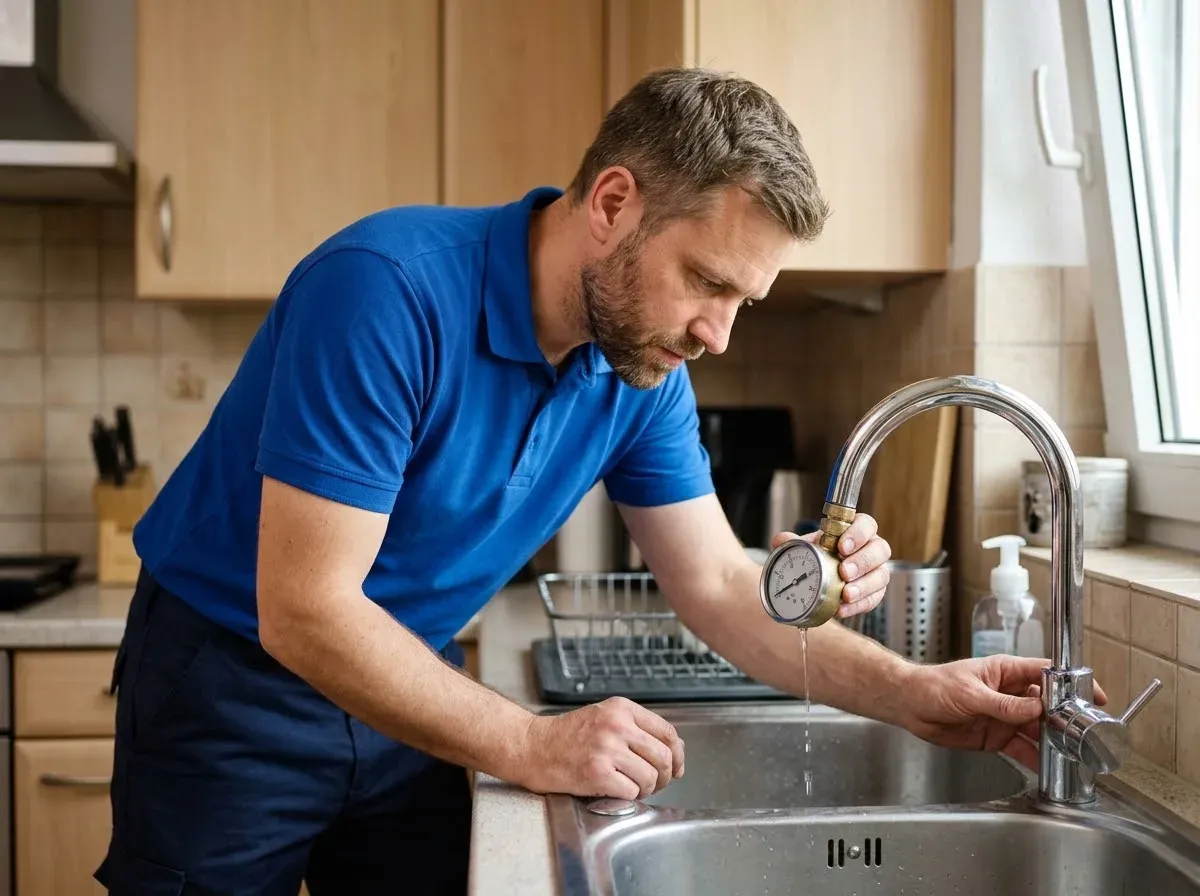 Sanitär-Techniker schraubt ein Manometer an den Wasserhahn, um den Leitungsdruck zu messen
