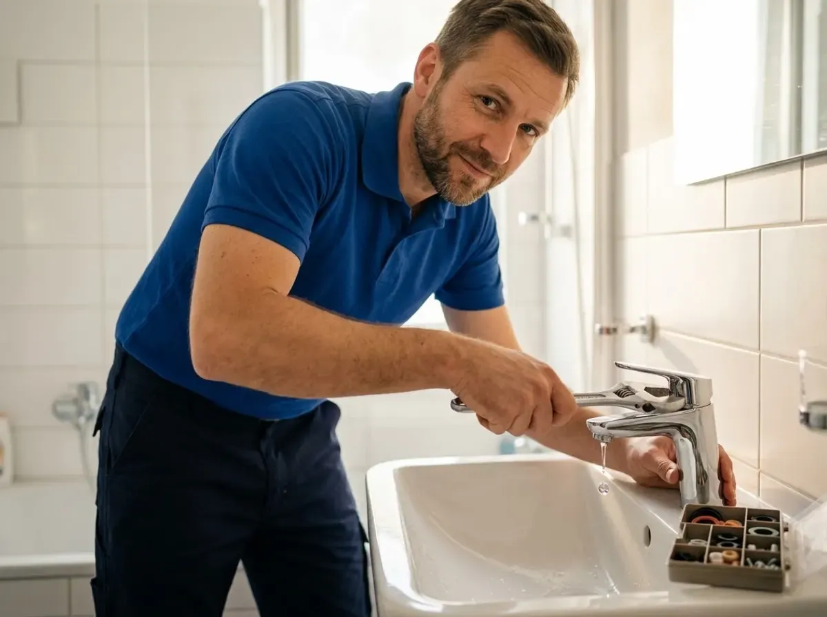 Sanitär-Techniker dichtet am Waschbecken einen tropfenden Einhebelmischer neu ab