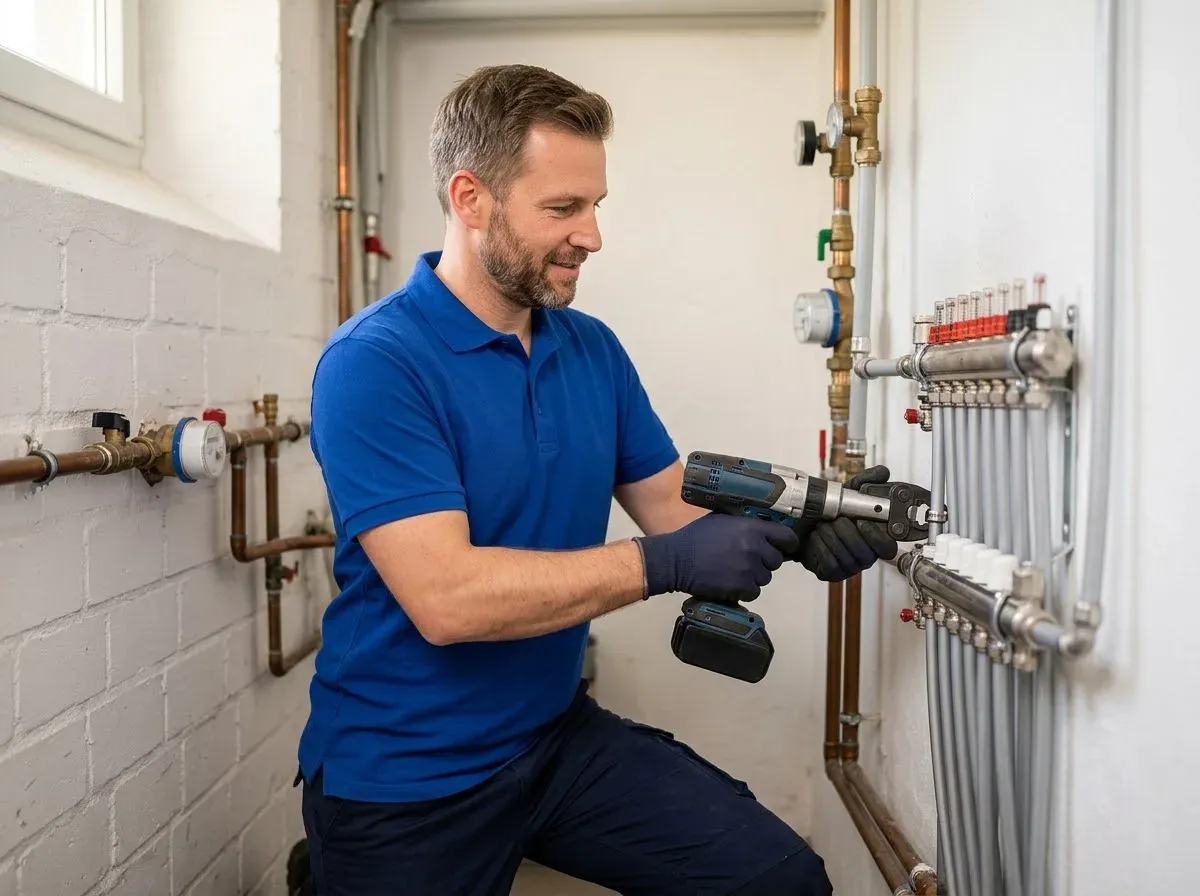 Sanitär-Techniker schließt im Hausanschlussraum neue Verbundrohre an einen Trinkwasserverteiler an
