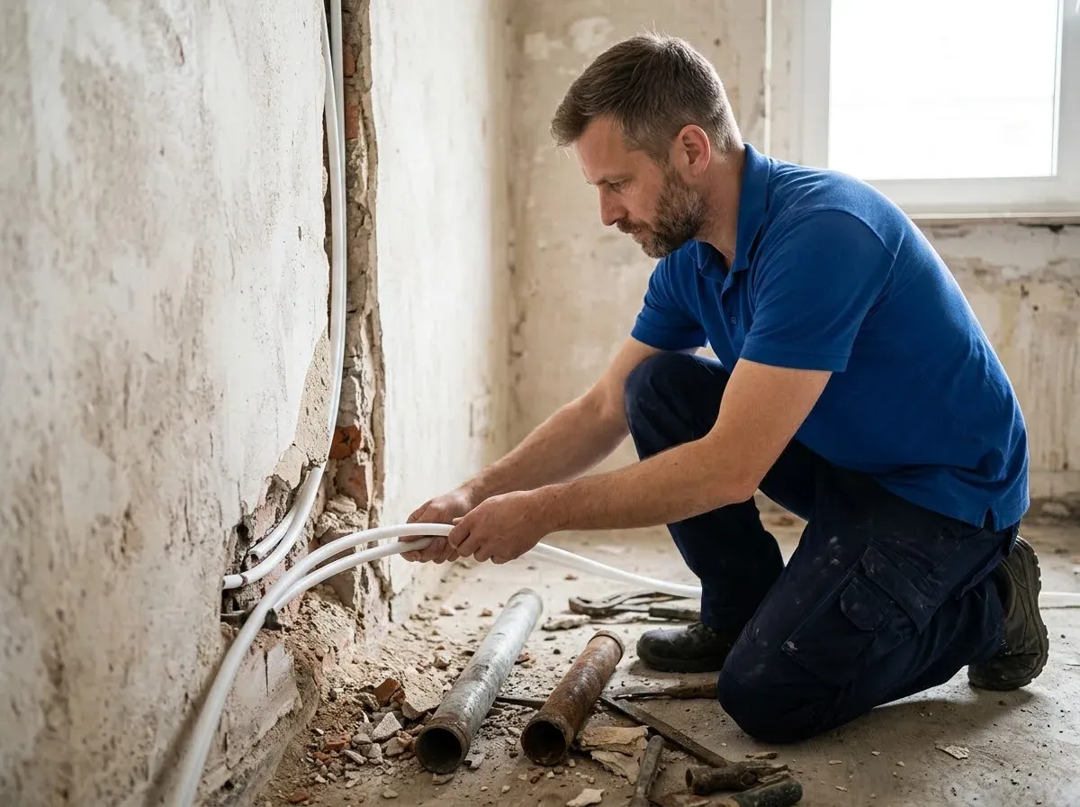 Sanitär-Techniker verlegt im Altbau neue Mehrschichtverbundrohre für die Trinkwasserleitung