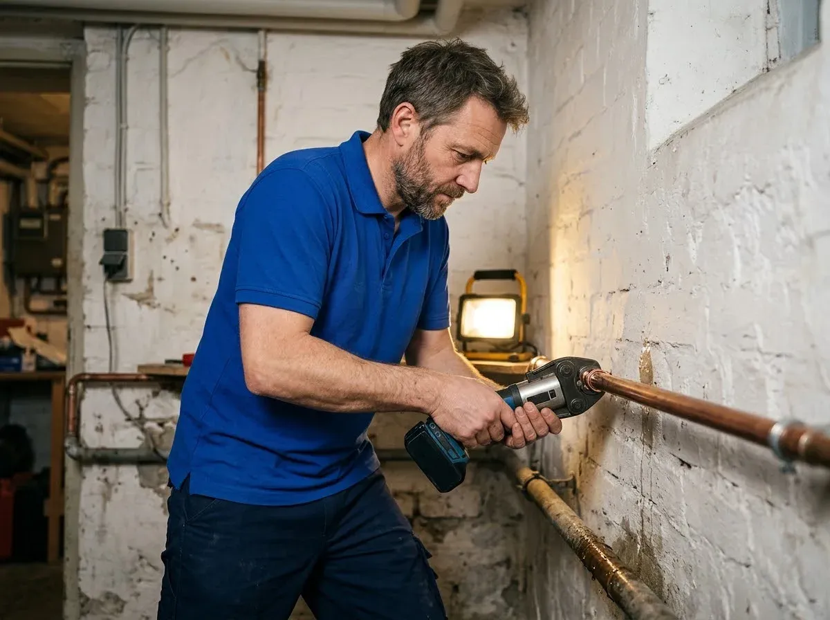 Sanitär-Techniker presst im Keller einen neuen Fitting an eine undichte Trinkwasserleitung