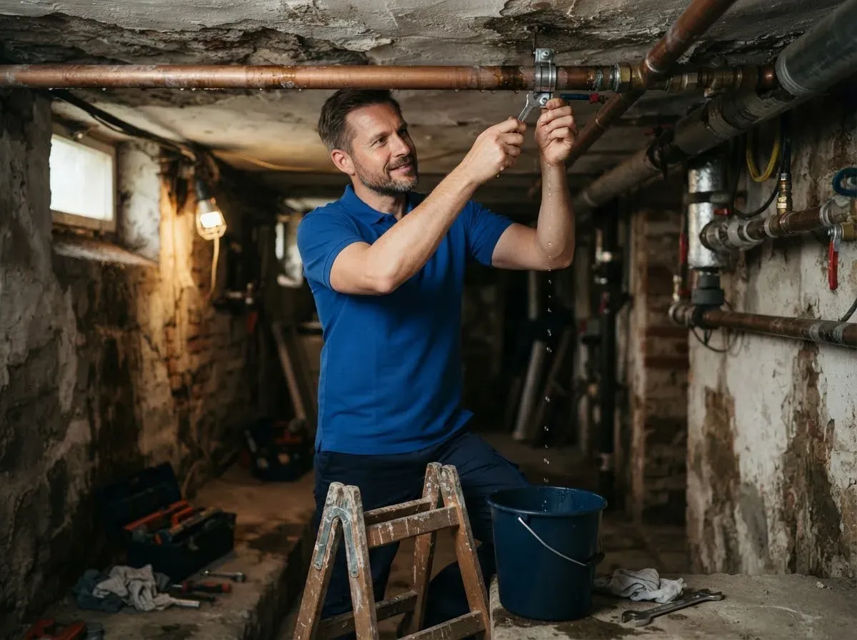 Sanitär-Techniker setzt im Keller eine Edelstahl-Reparaturschelle an eine nasse Kupferleitung