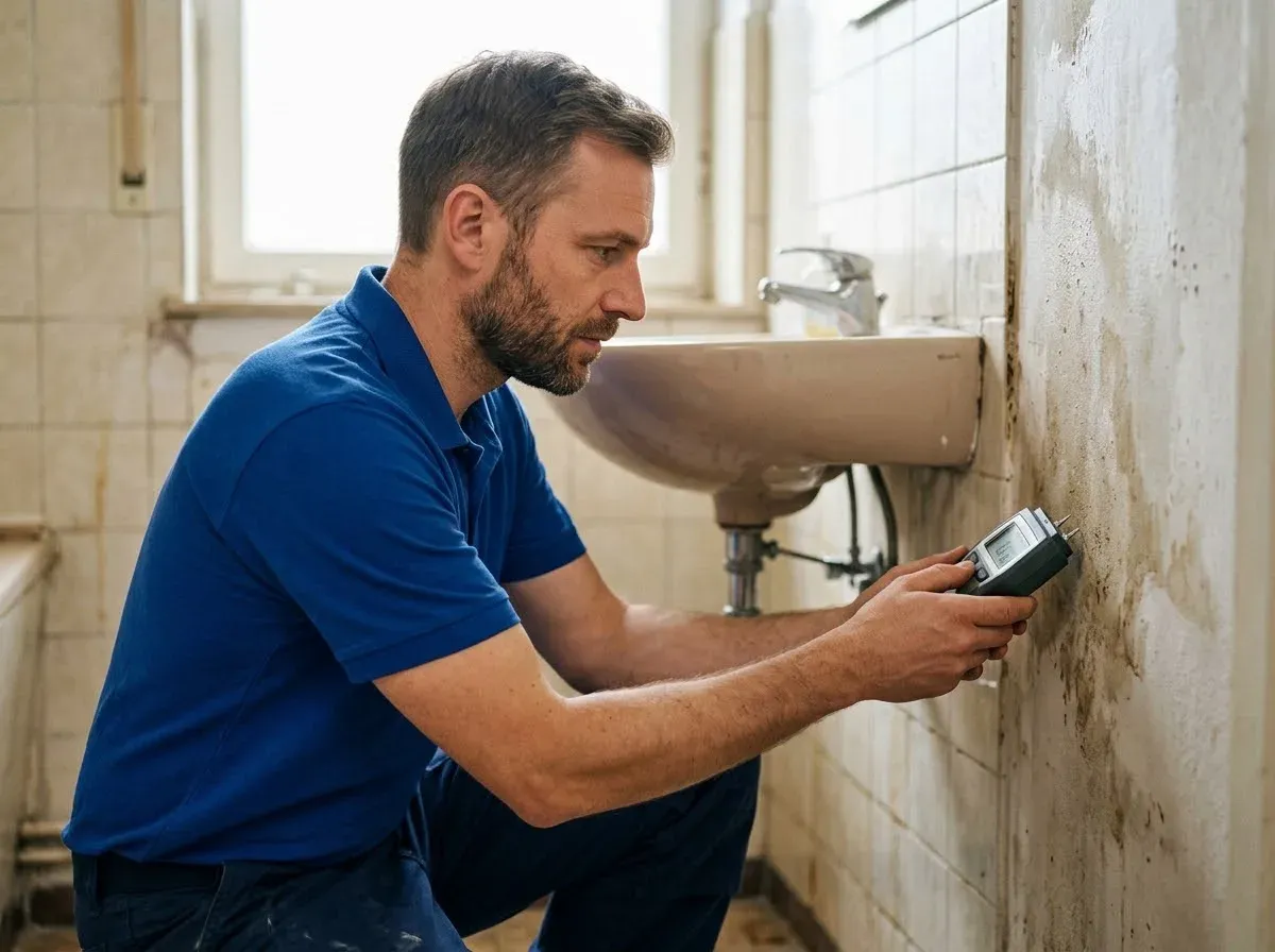 Sanitär-Techniker misst mit einem Feuchtemessgerät die nasse Wand neben einem Waschtisch