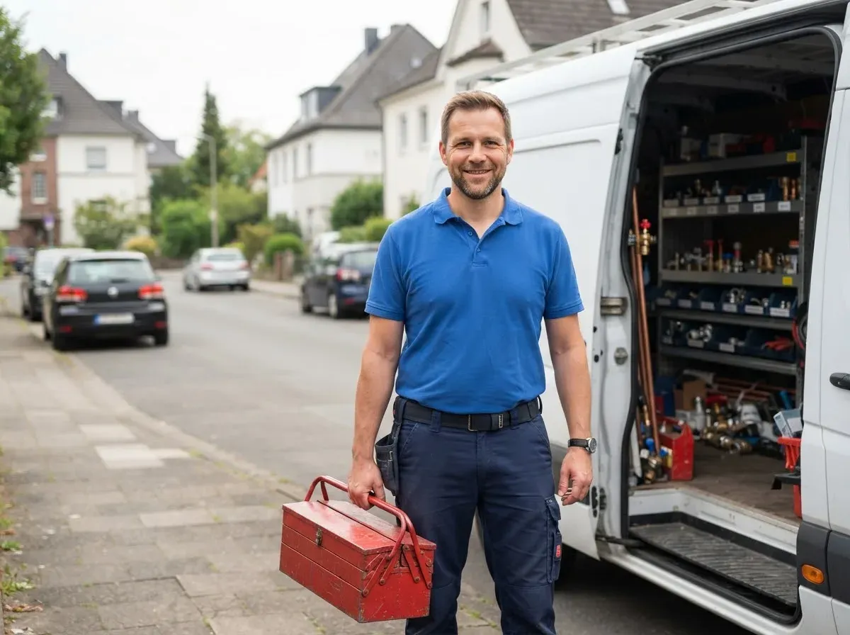 Sanitär-Techniker von Sanitaer-Sofort mit Werkzeugkoffer vor dem Servicewagen