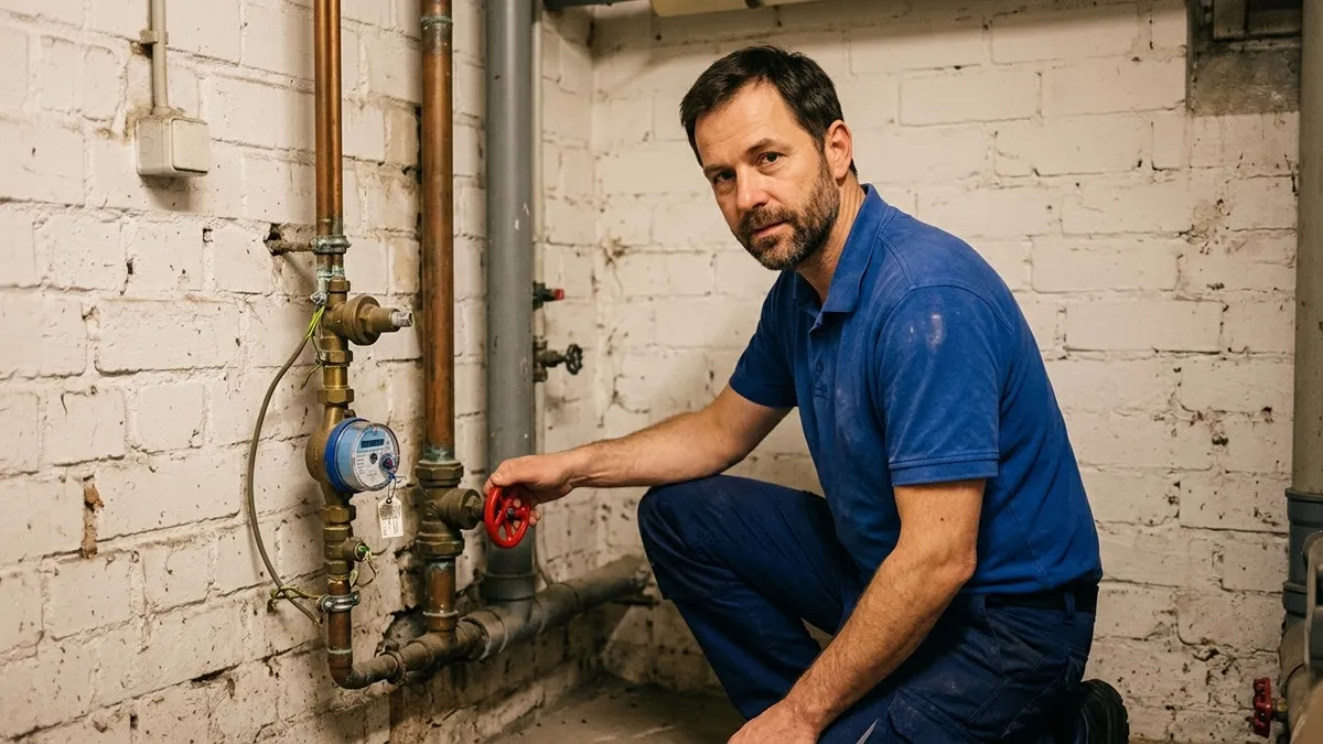 Sanitär-Techniker schließt im Keller das Hauptabsperrventil mit rotem Handrad neben dem Wasserzähler