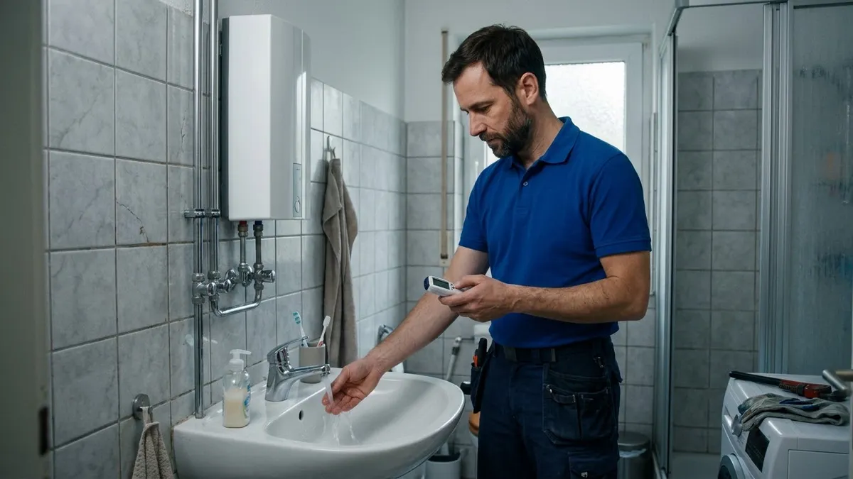 Sanitär-Techniker misst im Bad unter dem Durchlauferhitzer die Wassertemperatur am Waschbecken