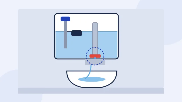 Illustration: Schnitt durch einen Spülkasten, am Ablaufventil läuft Wasser in die Toilette nach