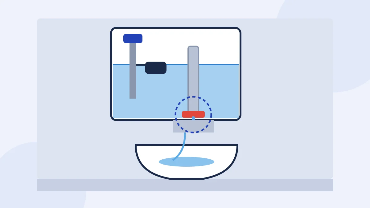 Illustration: Schnitt durch einen Spülkasten, am Ablaufventil läuft Wasser in die Toilette nach