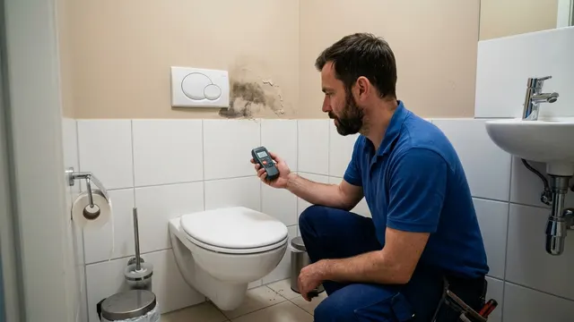 Sanitär-Techniker prüft mit einem Feuchtemessgerät einen feuchten Fleck an der Wand im Gäste-WC