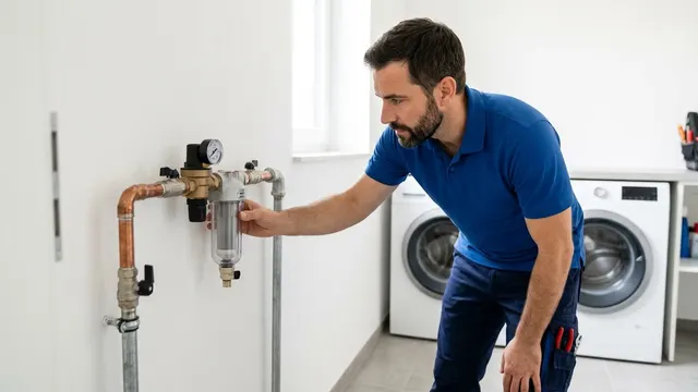 Sanitär-Techniker prüft Hauswasserfilter und Druckminderer mit Manometer im Hauswirtschaftsraum