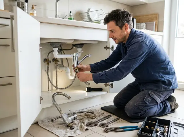 Sanitär-Techniker kniet vor dem offenen Spülenschrank und schließt die Schläuche einer neuen Küchenarmatur an die Eckventile an, daneben der alte Wasserhahn