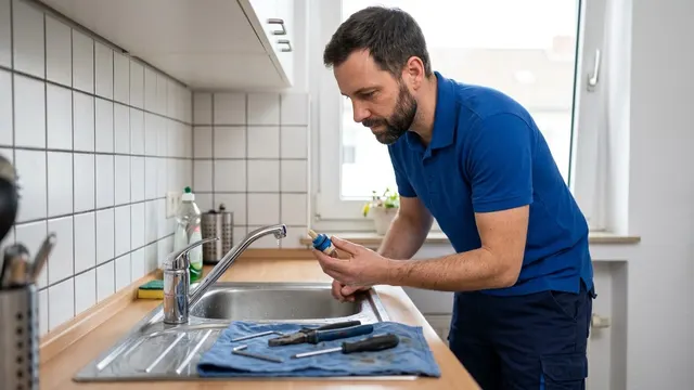 Sanitär-Techniker zerlegt einen tropfenden Einhebelmischer in einer Küche und hält die ausgebaute Kartusche in der Hand