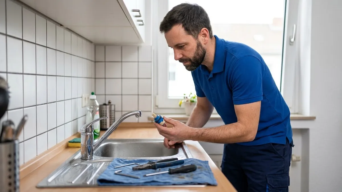Sanitär-Techniker zerlegt einen tropfenden Einhebelmischer in einer Küche und hält die ausgebaute Kartusche in der Hand