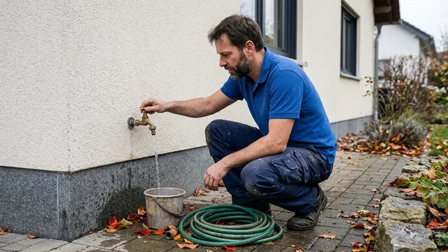 Sanitär-Techniker entleert im Herbst einen Außenwasserhahn an einer Hauswand, Herbstlaub am Boden