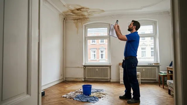 Sanitär-Techniker fotografiert einen Wasserfleck an der Stuckdecke einer Altbau-Mietwohnung für die Schadensmeldung